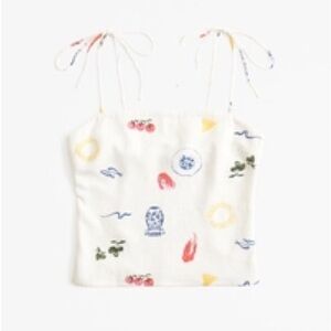 Abercrombie & Fitch White Linen-blend Tie Strap cropped top with coastal print